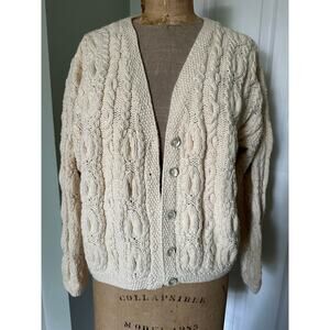 Vintage GAP Heavy Cable Knit Cardigan Sweater L hand knit ivory